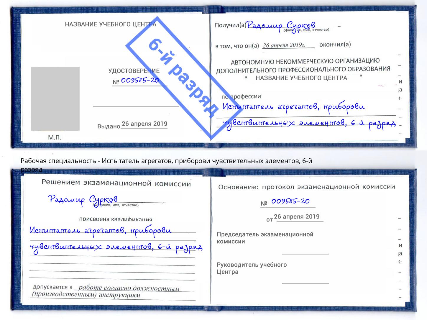 корочка 6-й разряд Испытатель агрегатов, приборови чувствительных элементов Канаш