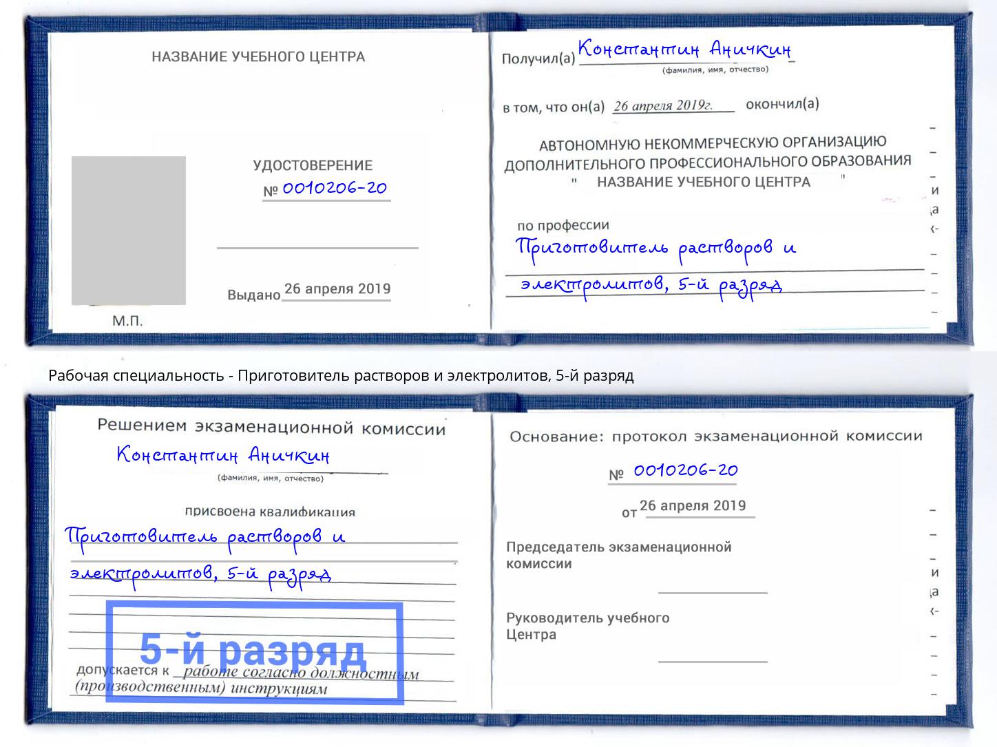 корочка 5-й разряд Приготовитель растворов и электролитов Канаш