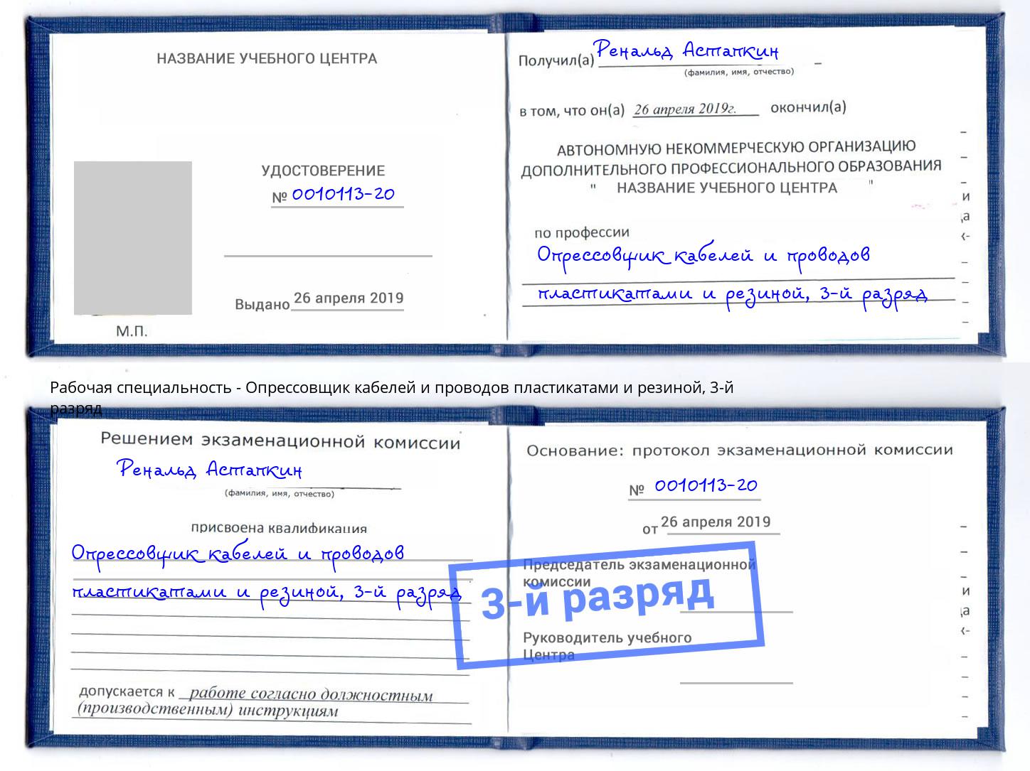 корочка 3-й разряд Опрессовщик кабелей и проводов пластикатами и резиной Канаш