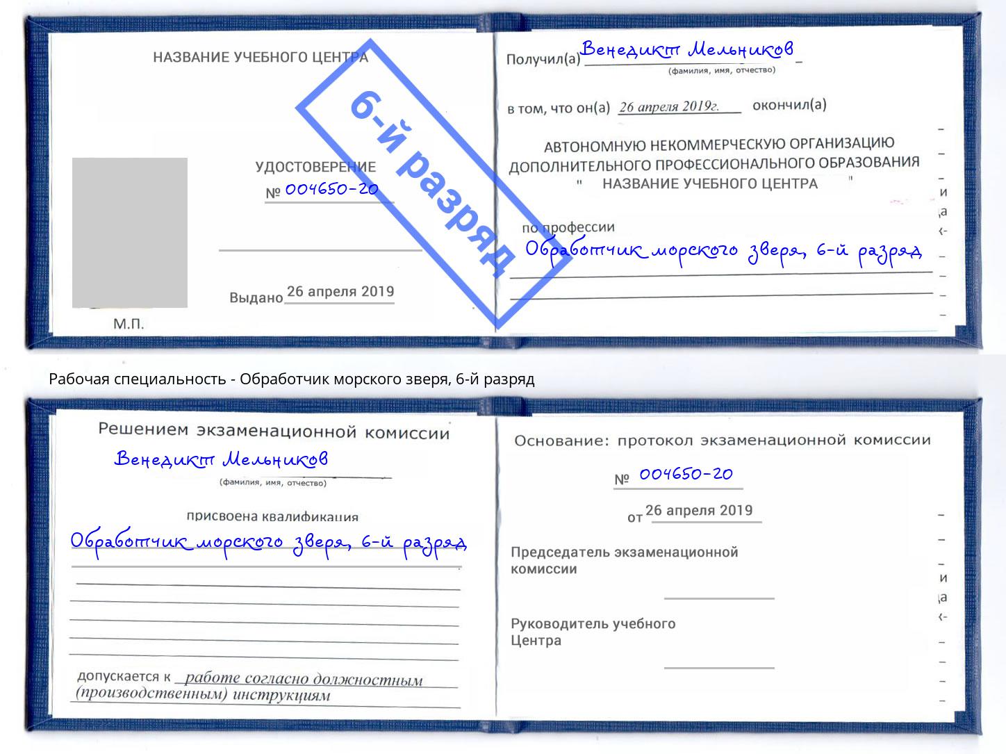 корочка 6-й разряд Обработчик морского зверя Канаш