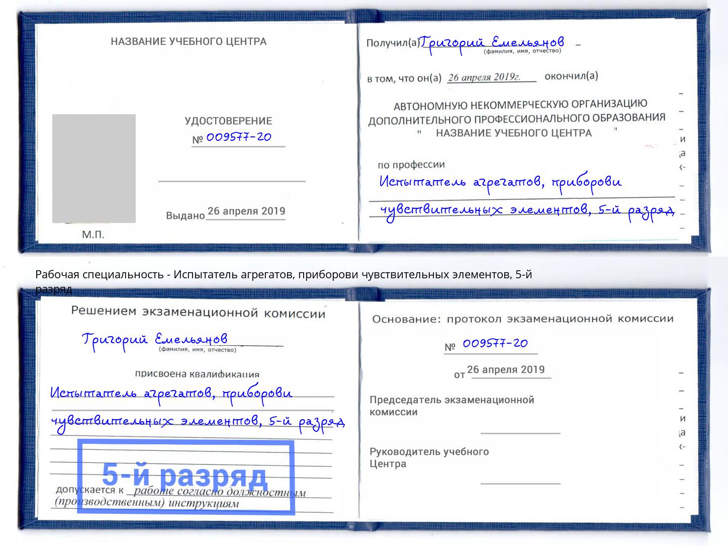 корочка 5-й разряд Испытатель агрегатов, приборови чувствительных элементов Канаш