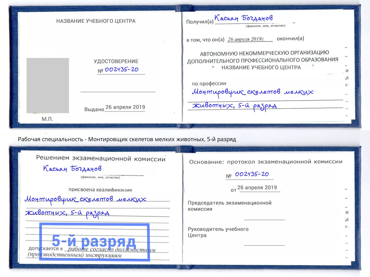 корочка 5-й разряд Монтировщик скелетов мелких животных Канаш