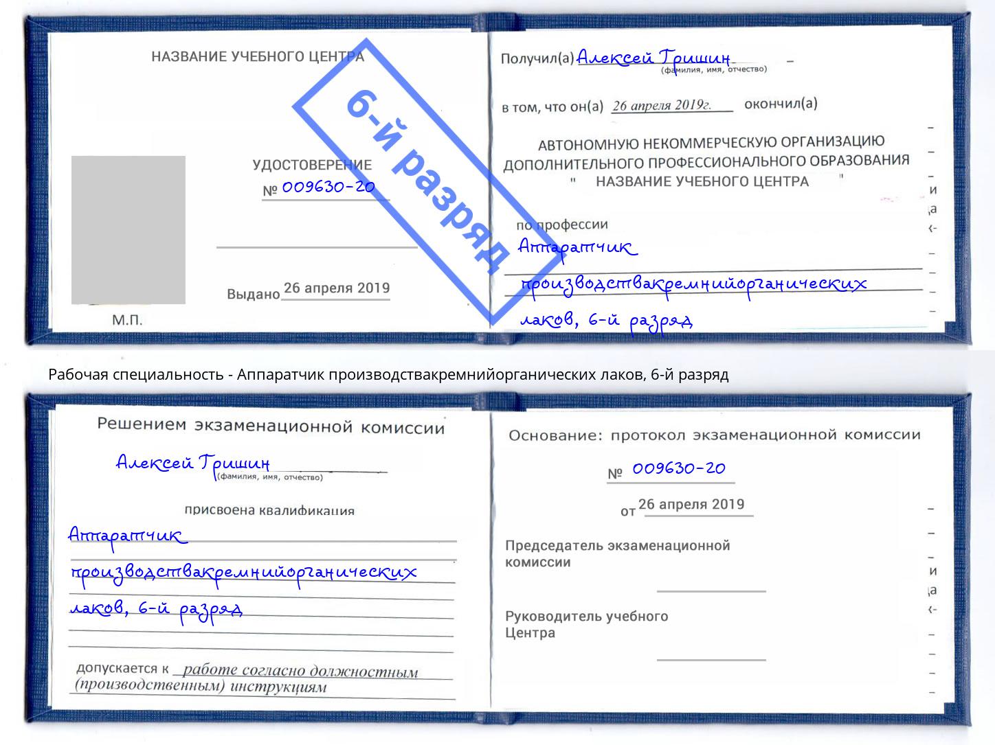 корочка 6-й разряд Аппаратчик производствакремнийорганических лаков Канаш