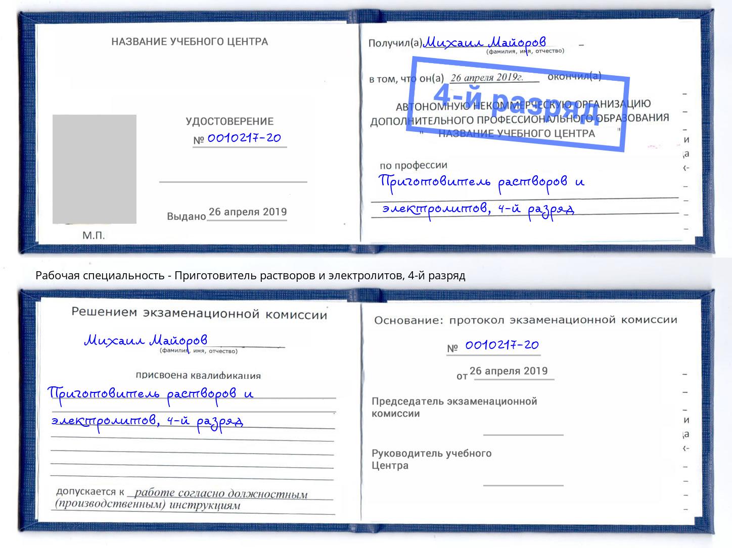 корочка 4-й разряд Приготовитель растворов и электролитов Канаш