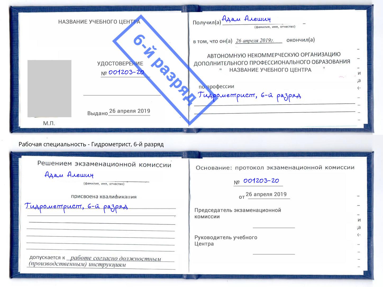 корочка 6-й разряд Гидрометрист Канаш